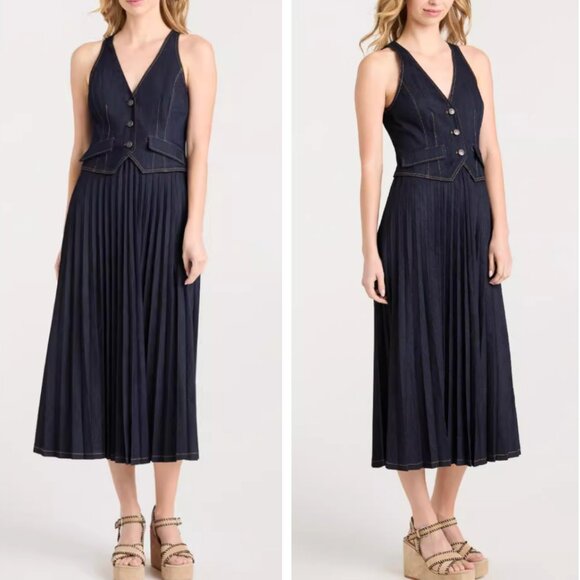 NEW Cinq a Sept 5a7 Esther Pleated Denim Midi Dress - Indigo Blue - Picture 1 of 6
